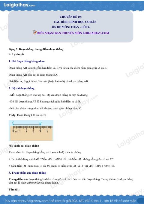 Dạng 2. Đoạn thẳng, trung điểm của đoạn thẳng Chủ đề 10 Ôn hè Toán 6